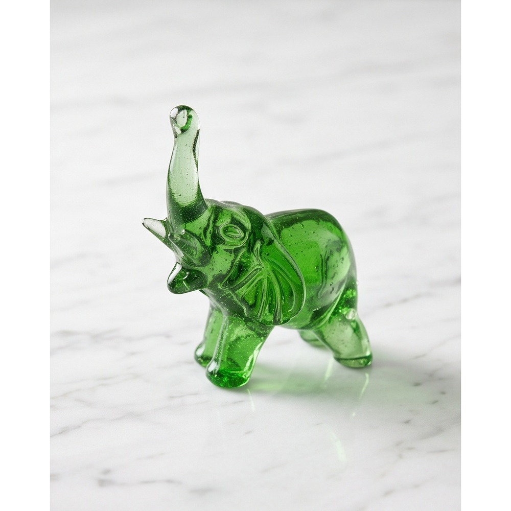 Vintage Green Art Glass Elephant Figurine Trunk Up Lucky Collectible 3 Inch